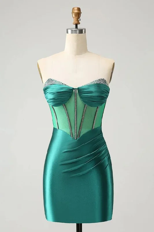 trendy dressGlitter Dark Green Strapless Corset Tight Homecoming Dress with Beading