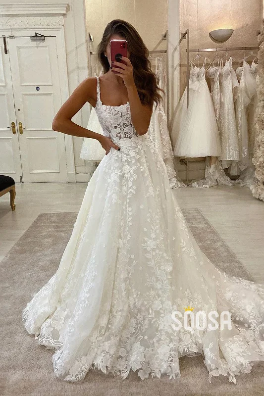 elegant dressUnique Square Neckline Ivory Lace Wedding Dress Bridal Gown QW2589