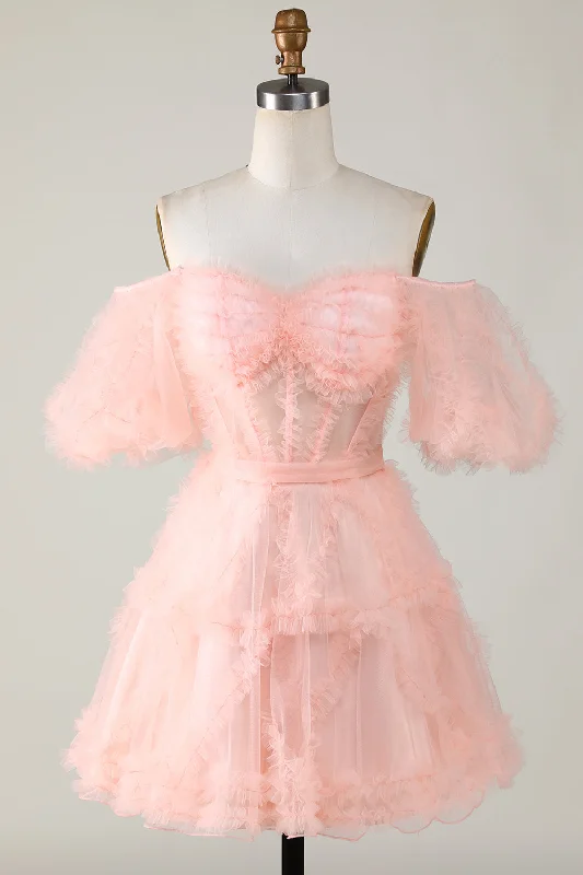 party dressBlush Pink A-line Off-the-Shoulder Ruffled Puff Sleeves Homecoming Dress