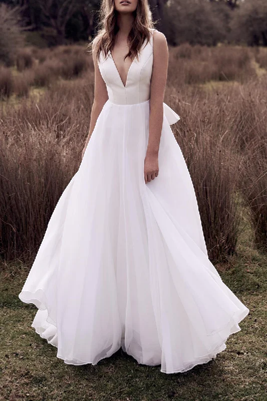 flowy evening dressA Line Deep V Neck Ivory Simple Boho Wedding Dress Open Back Bridal Gown QW2579