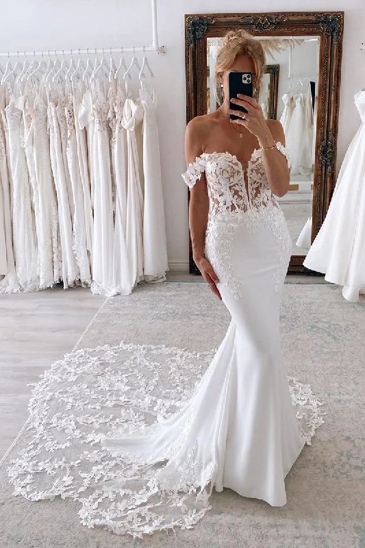 floral dressIllusion Deep V Neck Lace Appliques Mermaid Wedding Dress with Court Train QW2149