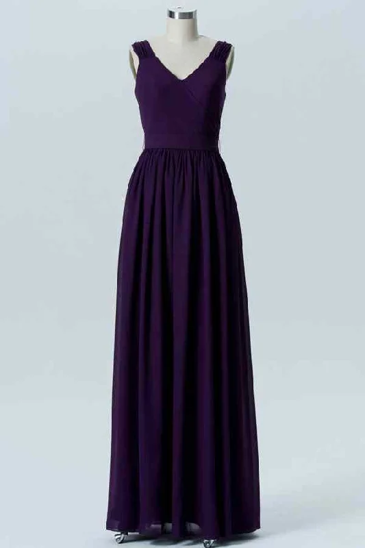 vintage-inspired dressDark Purple A-line V Neck Pleated Chiffon Long Bridesmaid Dress