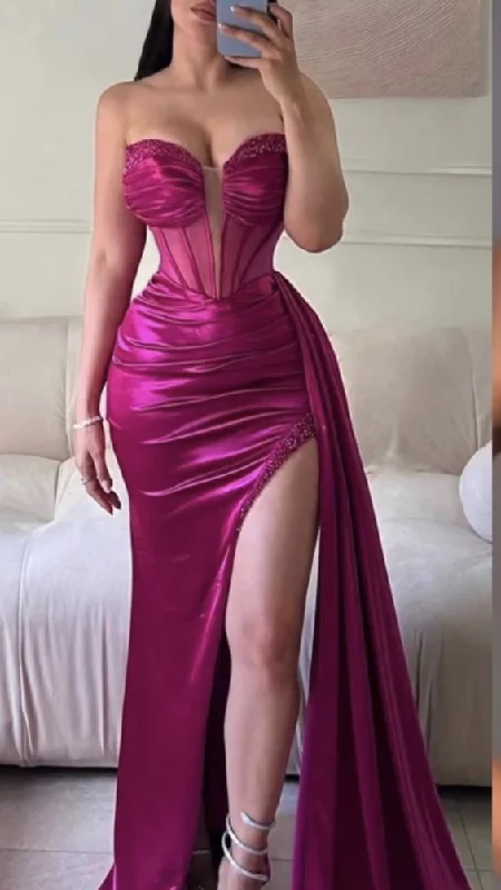 boho-chic dressMermaid Fuchsia Satin Strapless Prom Dress With Slit  Y4044