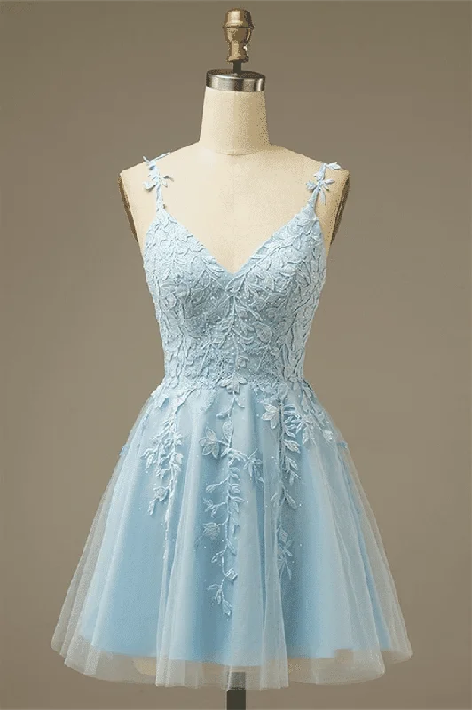 lace dressLight Blue A-line V Neck Appliques Tulle Mini Homecoming Dress