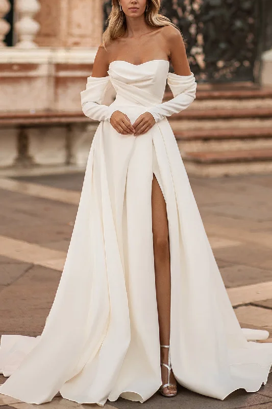 stylish dressA line Sweetheart Satin Pleated Long Sleeves Rustic Wedding Dress with Slit QW2178