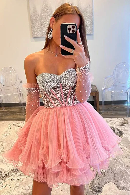 casual summer dressHot Pink A-Line Ruffled Strapless Corset Sequins  Homecoming Dress