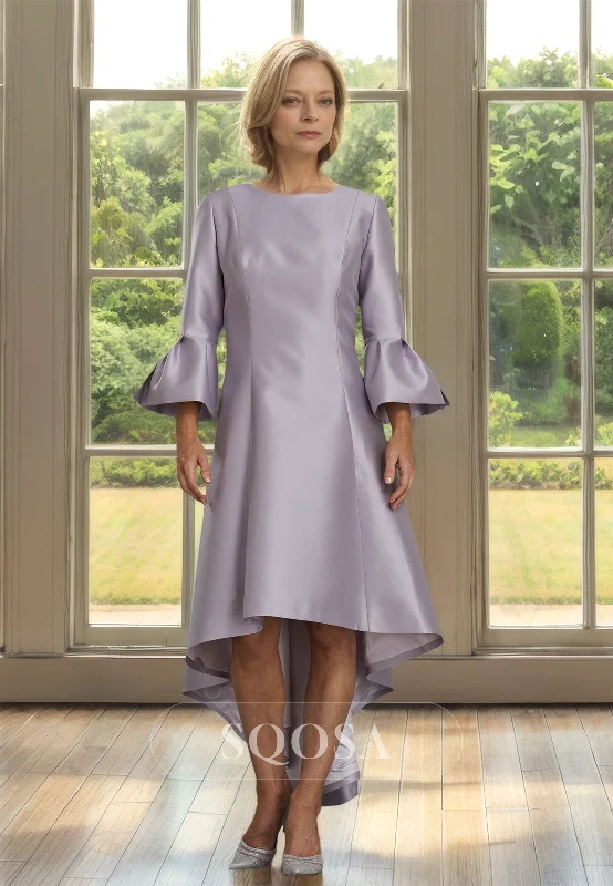 chic slip dressScoop-Neck Half-Sleeves Satin Cocktail Gowns High-Low A-Line Mother of the Bride Dress