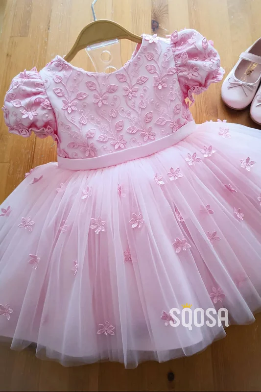 trendy wrap dressA-line Short Sleeves Lace Pink Flower Girl Dress Cute First Communion Dress QF1018