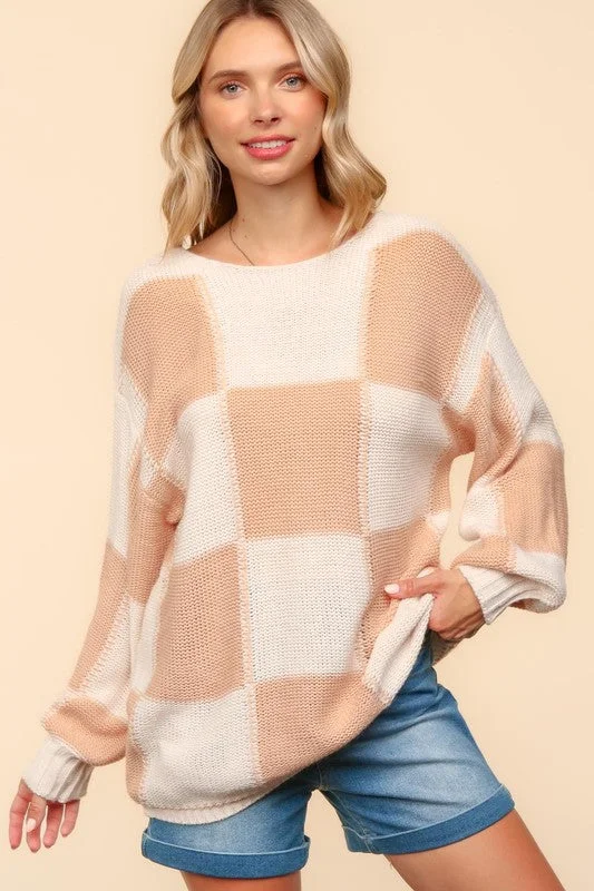 athletic style hoodieHaptics Full Size Checkered Round Neck Drop Shoulder Sweater