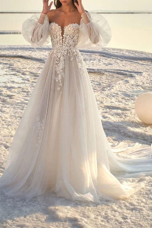 flowy dressBeach Formal Wedding Dresses Court Train A-Line Lace Appliques Long Sleeves Summer Bridal Gown QW2377