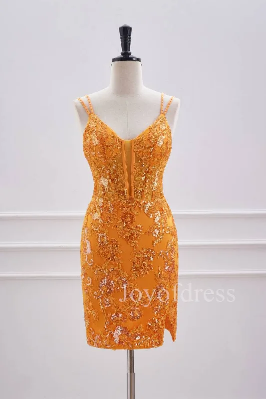 formal dressDouble Straps Orange Sequin Appliques Short Bodycon Dress