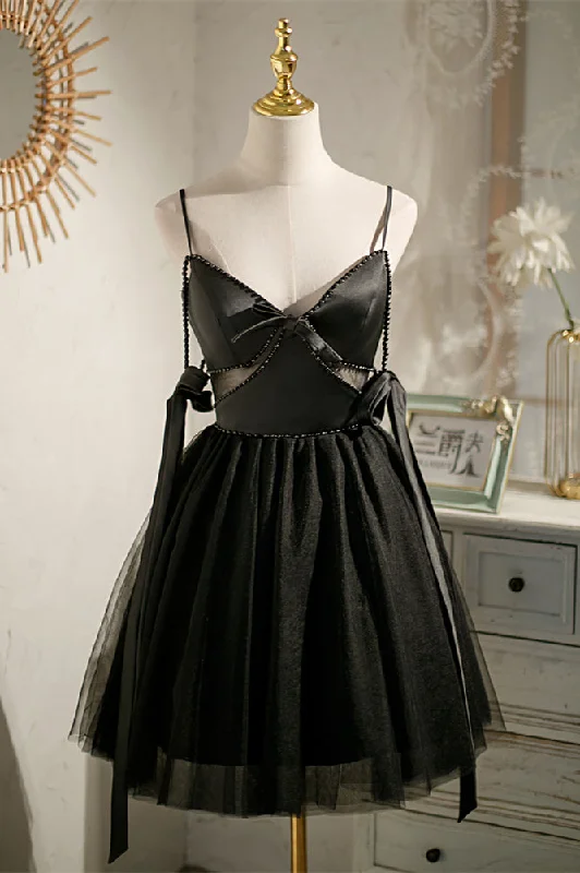 statement dressBlack Beaded Cut-Out Bow Tie Straps Homecoming Dress