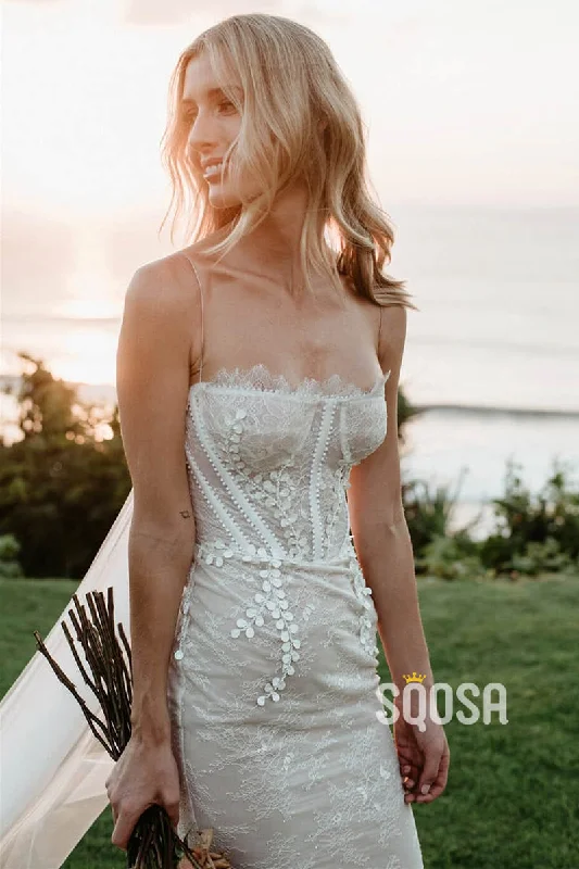 floral midi dressUnique Spaghetti Straps Chic Appliques Lace Wedding Dress QW2463