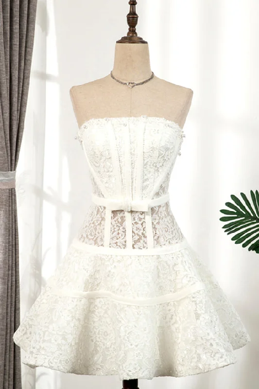 winter dressIvory Strapless Pearl Beaded Lace Homecoming Dress with Bow