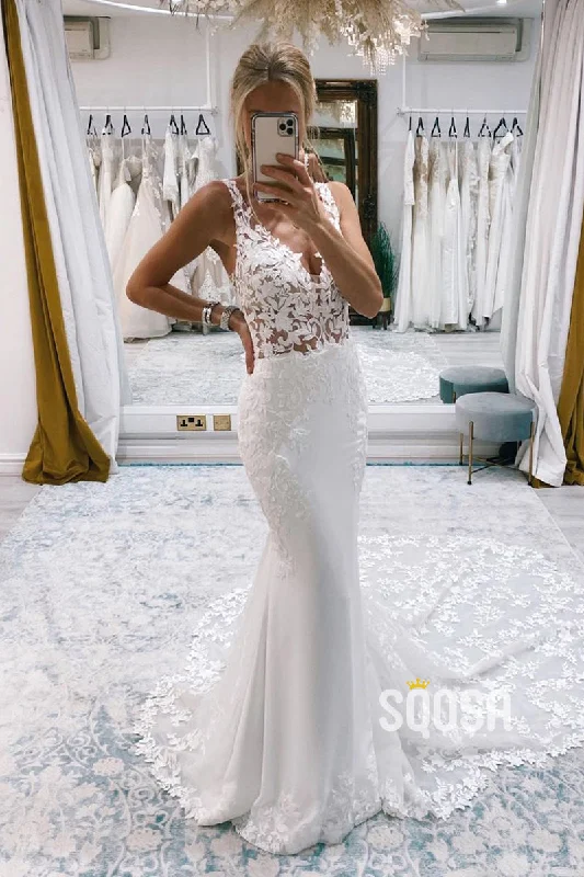 t-shirt dressSexy V-Neck Lace Appliques Mermaid Wedding Dress QW2504