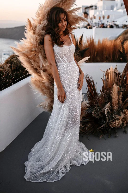 trendy bodycon dressA-line Spaghetti Straps Sparkly Bohemian Wedding Dress QW2686