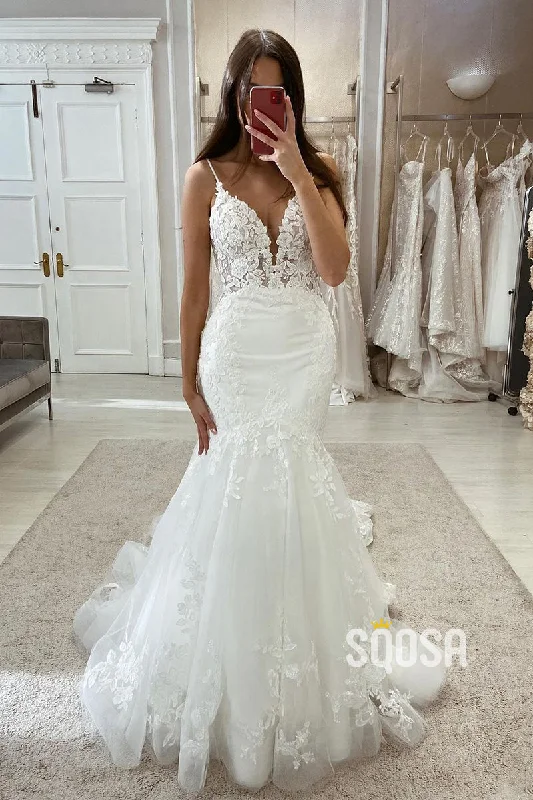 floral midi dressV-Neck Spaghetti Straps Trumpet Lace Applique With Tulle Train Beach Wedding Dress QW8100