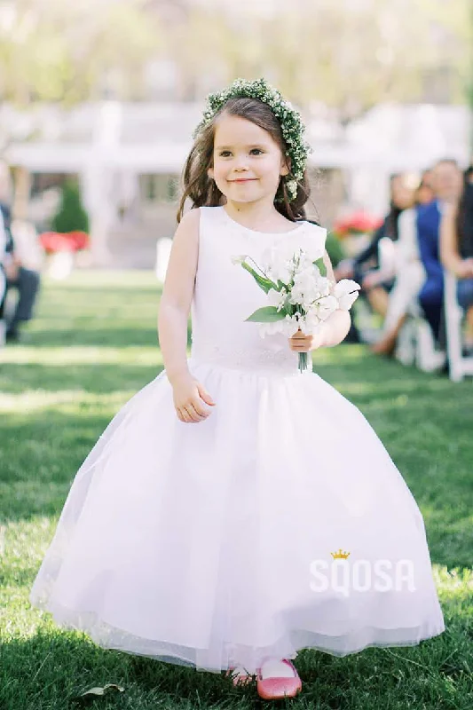 cocktail dressRound Neckline White Tulle A-Line Simple Flower Girl Dress QF0818