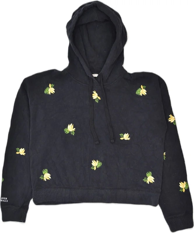 trendy zip-up hoodieJACK WILLS Womens Crop Graphic Hoodie Jumper UK 10 Small Black Floral