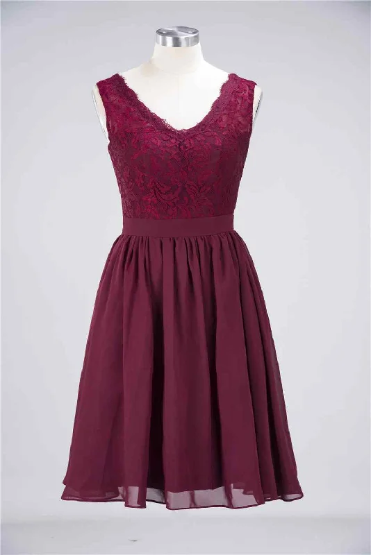 chic wrap dressBurgundy A-line Jewel Neck Lace Chiffon Mini Bridesmaid Dress