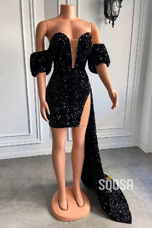 knit dressAttractive V-Neck Short Sleeves Sequins Sparkly Prom Dress for Black Girls Slay QP3103