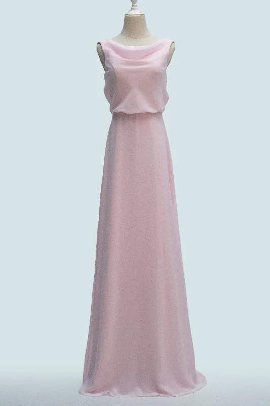 flowy dressCandy Pink A-line Cowl Neck Chiffon Layer Long Bridesmaid Dress