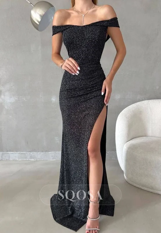 trendy bodycon dressChic Fitted Glitter Off-Shoulder With Side Slit Party Prom Evening Dress QP3544