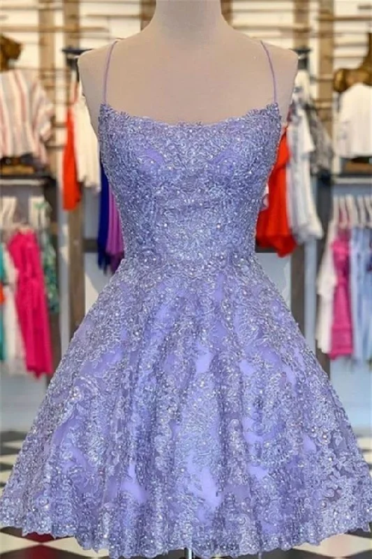 party-ready dressPurple Sleeveless V-neck Spaghetti-straps Tulle Applique Beaded Lace Homecoming Dress