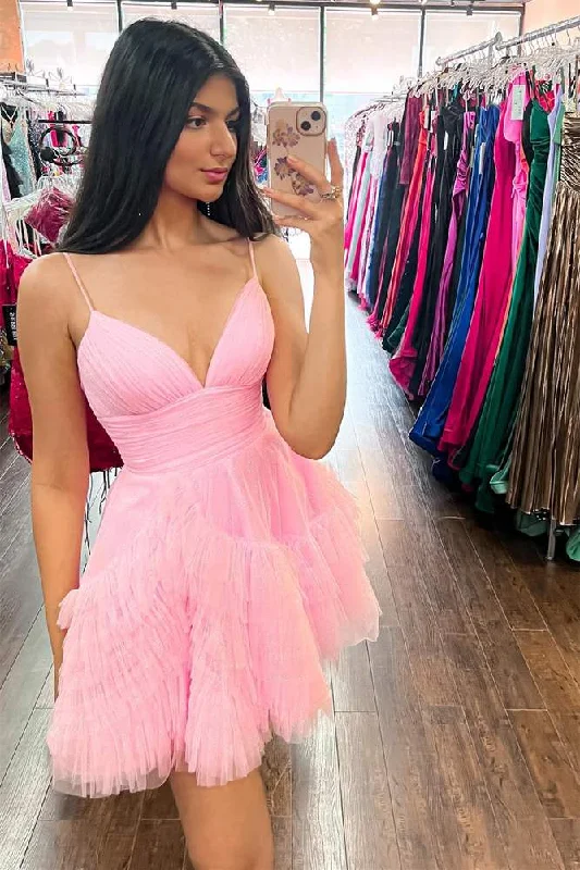 flowy maxi dressCute A Line V Neck Pink Tulle Short Homecoming Dresses