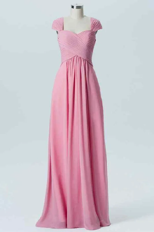 stylish party dressHot Pink A-line Cap Sleeves Pleated Chiffon Long Bridesmaid Dress