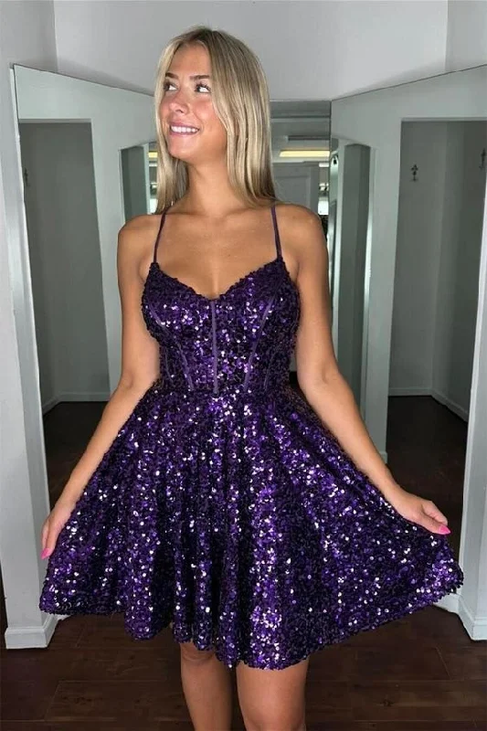 elegant shift dressPurple Sequin A-line Short Homecoming Dress