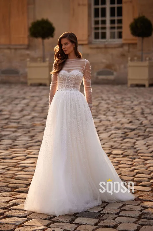 sophisticated dressA Line Sweetheart Detachable Long Sleeves Romantic Wedding Dress QW2220