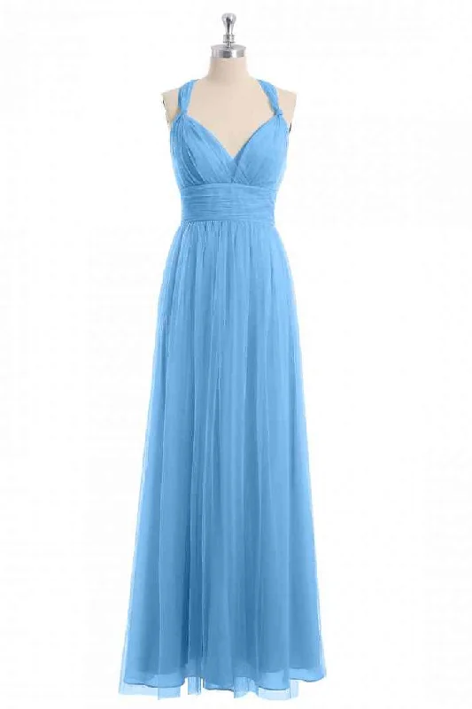 boho-chic dressBlue A-line Sheer Straps Cross Back Chiffon Long Bridesmaid Dress