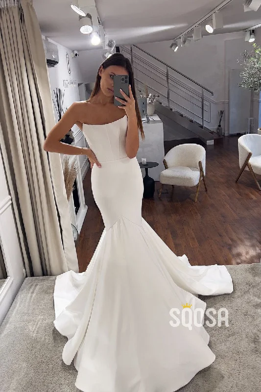 trendy dressSimple Trumpet/Mermaid Strapless Satin Wedding Boho Dress Bridal Gowns QW8037