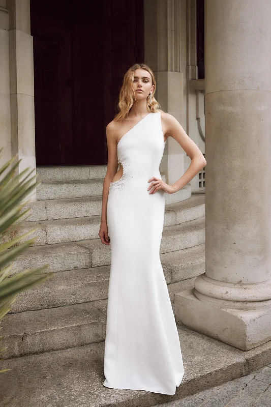 office dressUnique One Shoulder Sati Beads Sheath Boho Wedding Dress Ivory Bridal Gown QW2356