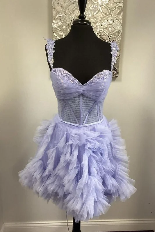 floral wrap dressStraps A-line Ruffle Purple Short Homecoming Dress