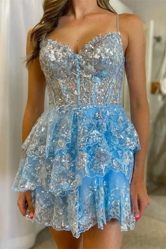 bodycon dressLight Blue Sequin Lace Corset A-Line Tiered Homecoming Dress