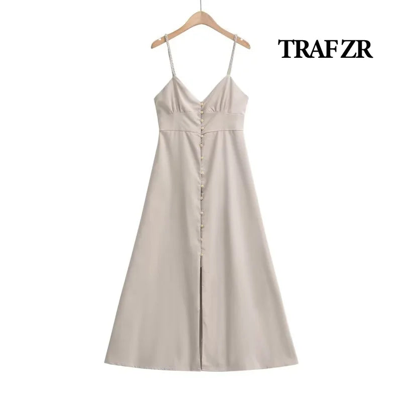 vintage coatSivatu Traf Linen Dress Women Strapless V Neck Solid High Quality Midi Vintage Chic and Elegant Y2k Sundress Women's Dresses