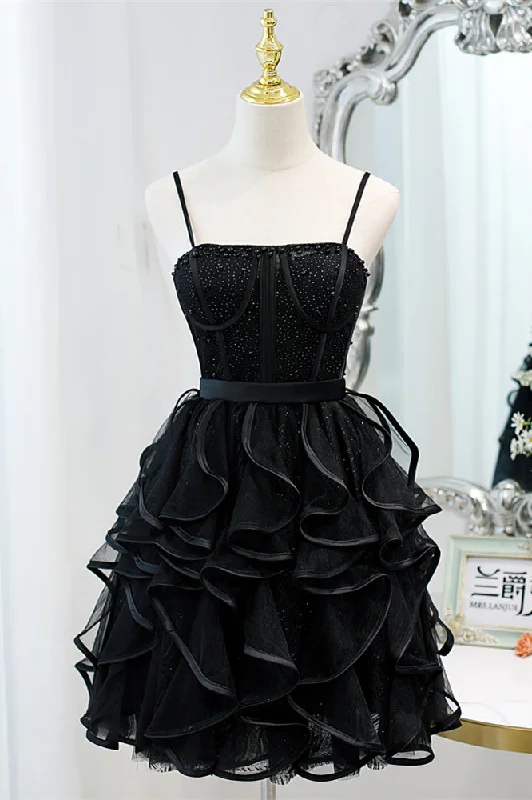 romantic dressBlack Straps Beaded Ruffle-Layers Tulle Homecoming Dress