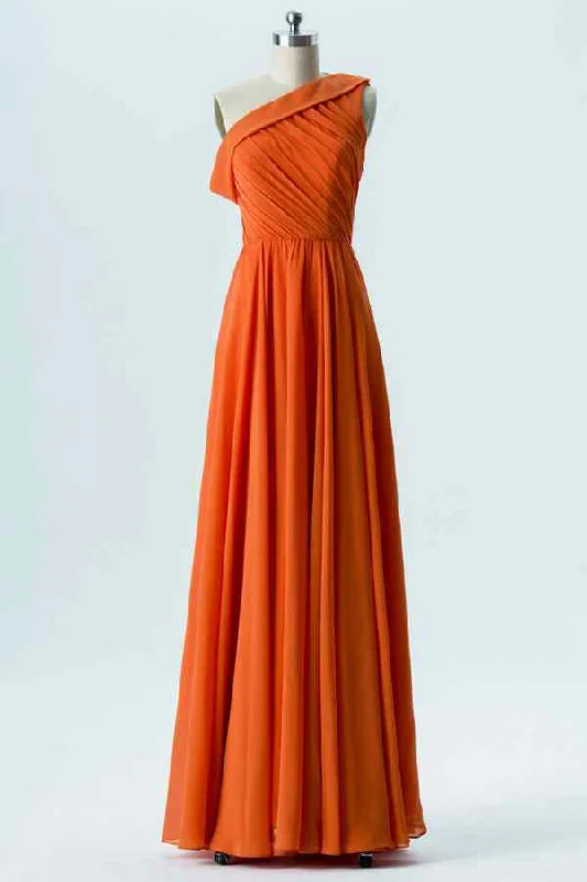 wrap-around dressOrange A-line Asymmetrical Pleated Chiffon Long Bridesmaid Dress