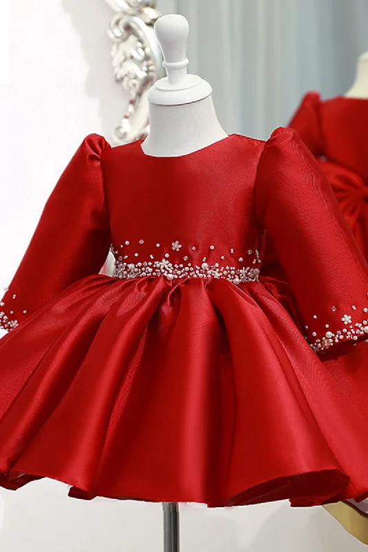 office dressBall Gown Red Satin Long Sleeves Flower Girl Dress Cute First Communion Dress QF1033