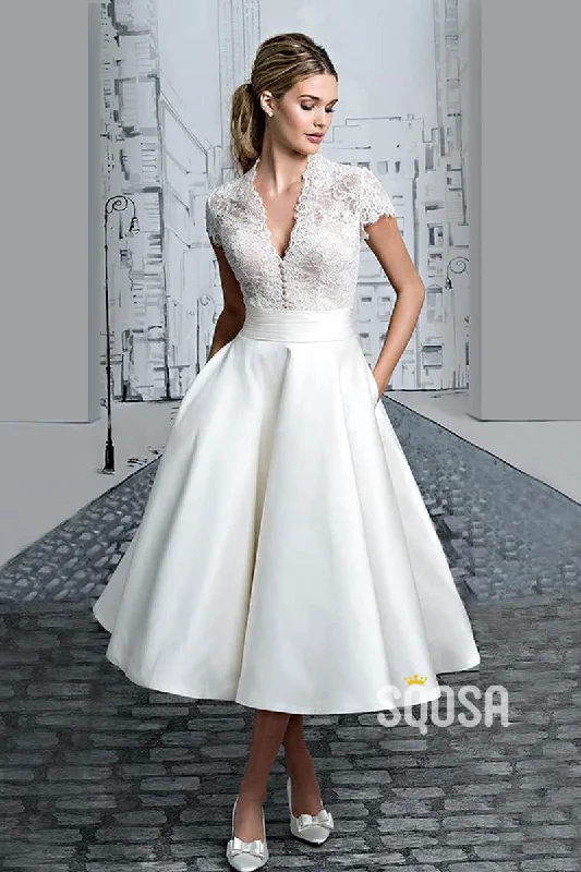 t-shirt dressSexy V-neck Cap Sleeves Lace Bodice Tea Length Beach Wedding Dress with Pockets QW2477