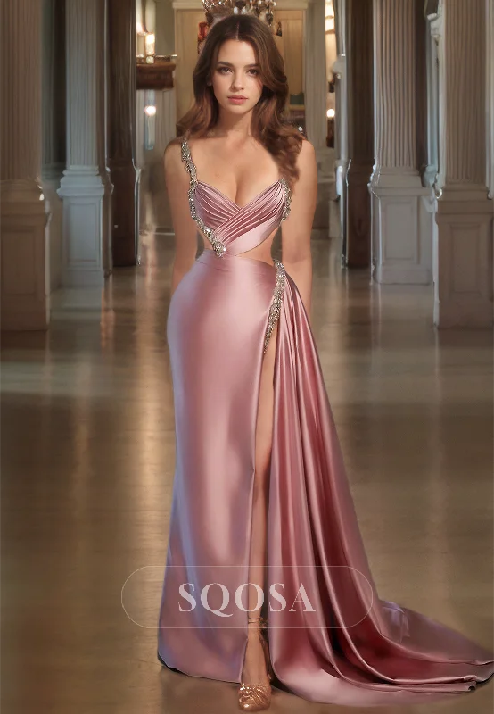 off-the-shoulder dressV-Neck Sleeveless Spaghetti Straps with Beaded Sweep Train Slit Mermaid Prom Dress