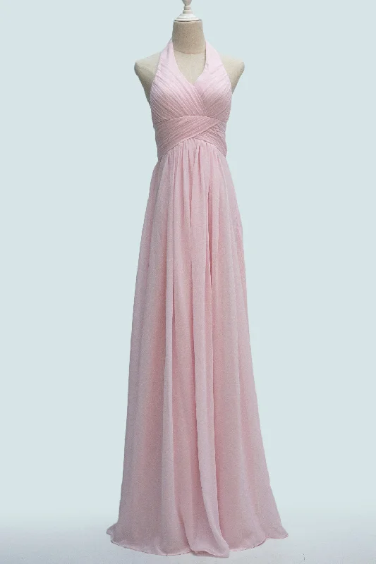 floral midi dressCandy Pink A-line Halter Neckline Pleated Long Bridesmaid Dress