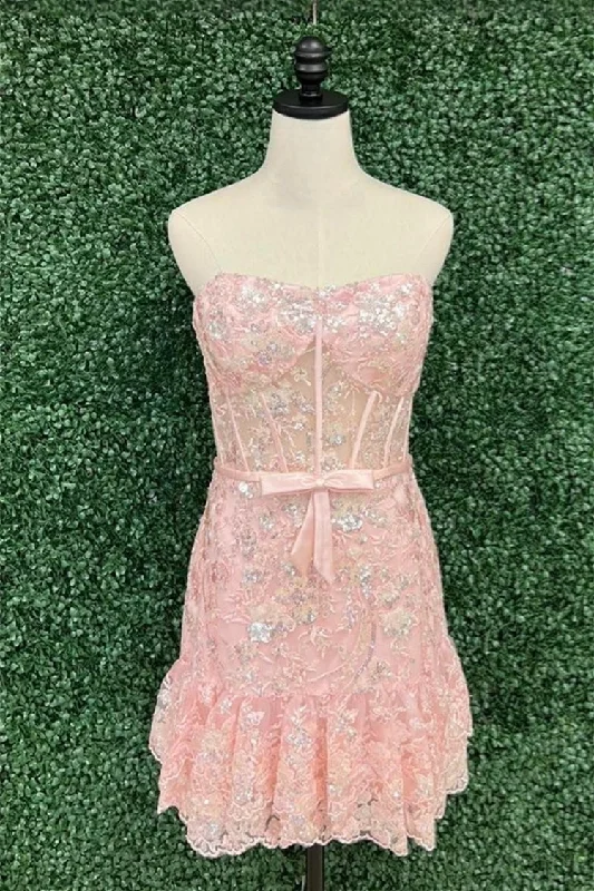 summer floral dressBlush Pink Sheath Ruffle Layers Sequined Strapless Homecoming Dress