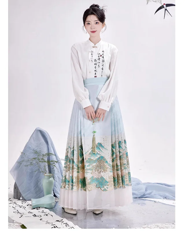 casual day dressChixia~Chinese Symbol of Misty Landscape~Han Lolita Skirt Printed Blouse and Floral Horse-Face Skirt