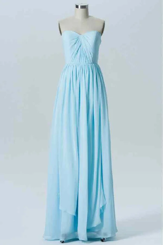 t-shirt dressLight Blue Elastic Sheer Straps Strapless Pleated Chiffon Long Bridesmaid Dress