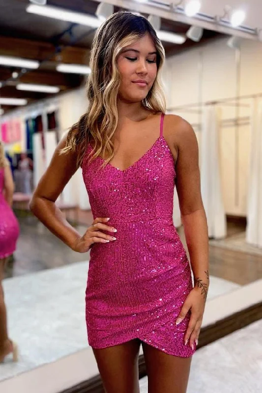 boho dressStunning Fuchsia Straps Sequin Bodycon Mini  Homecoming Dress