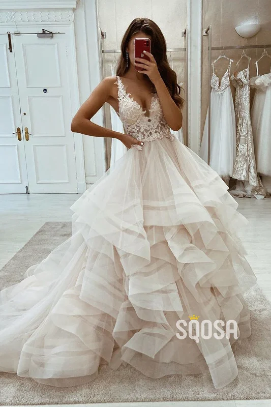 statement dressAttractive V-neck Chic Appliques Ball Gown Rustic Wedding Dress QW2583