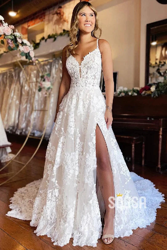 tiered dressA Line V-neck Illusion Lace Wedding Dress with Slit Bridal Gown QW2386